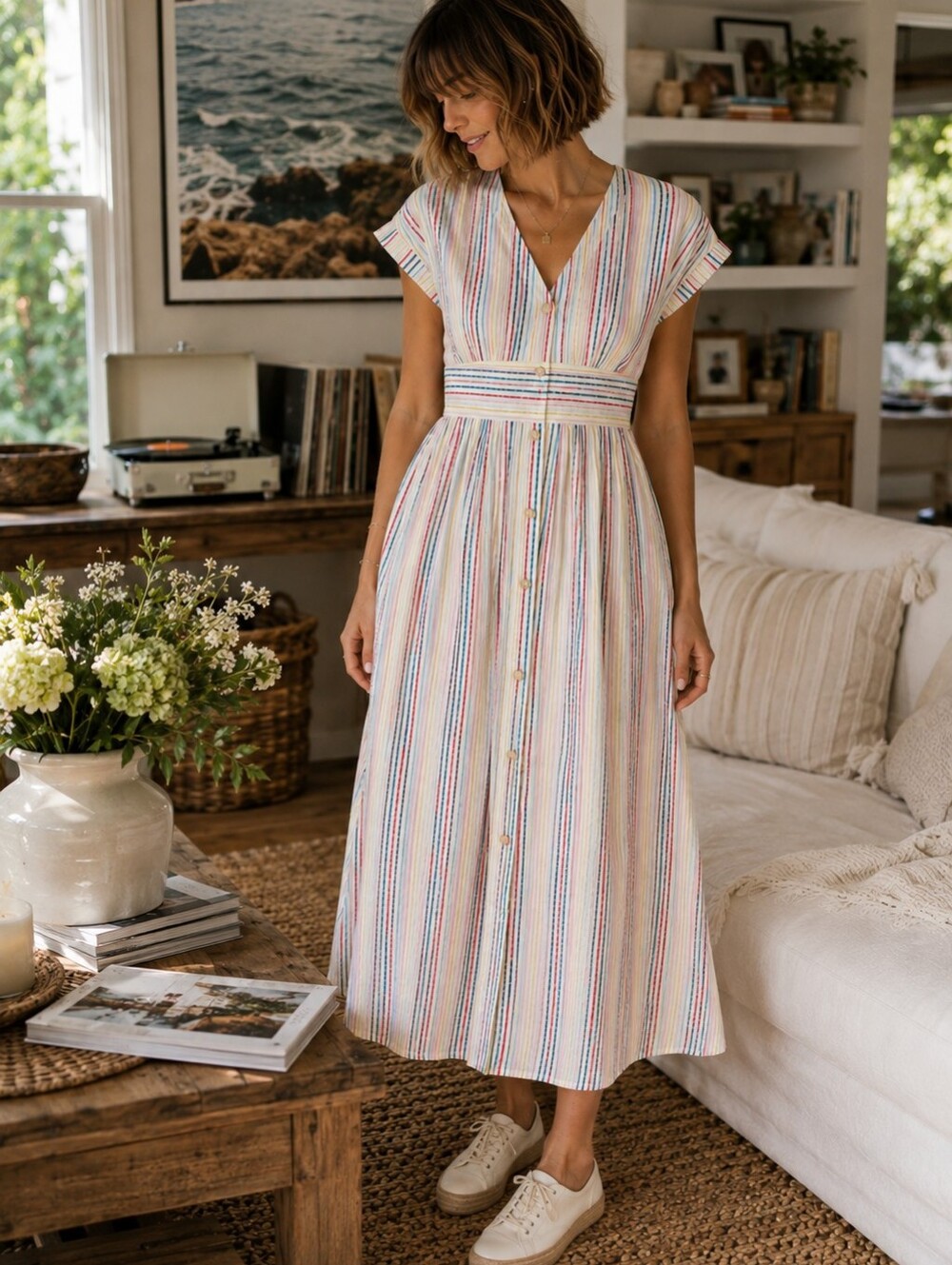 LOFT Rainbow Striped Cotton Midi Dress - Picture 9 of 9
